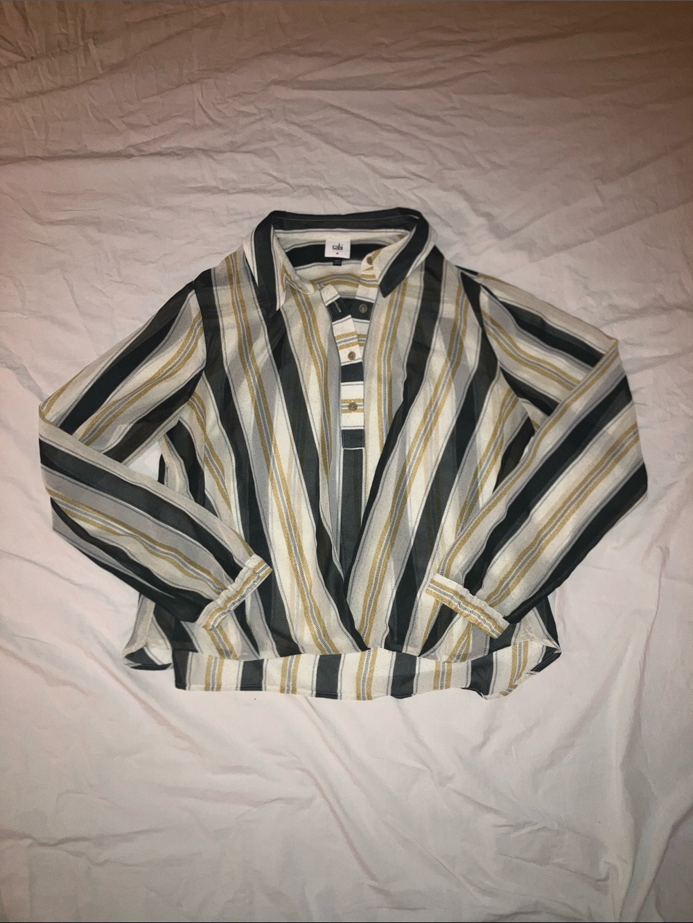 NWOT CAbi Striped Button-Front Blouse - Black, White & Mustard/Gold